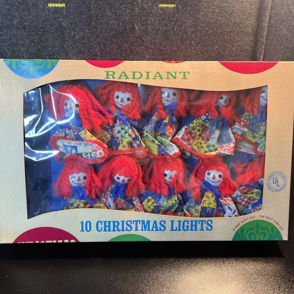 Vtg Radiant Holiday Christmas Lights Rag Doll Girl Red Felt Hair in Box Read‎